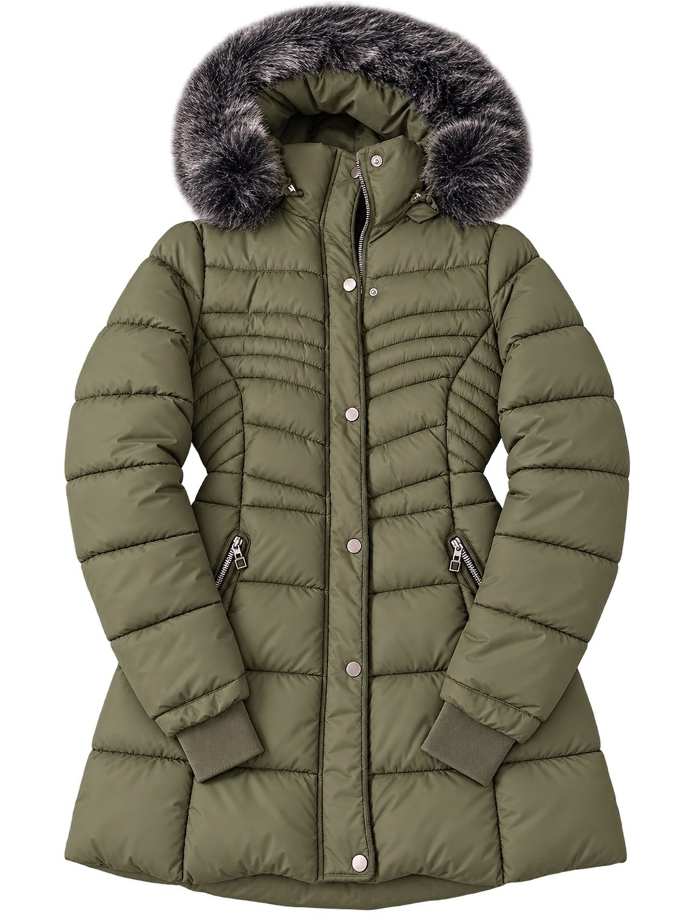 YMI Collection Olive Green Puffer Coat Faux Fur Hood Womenโs Size Small